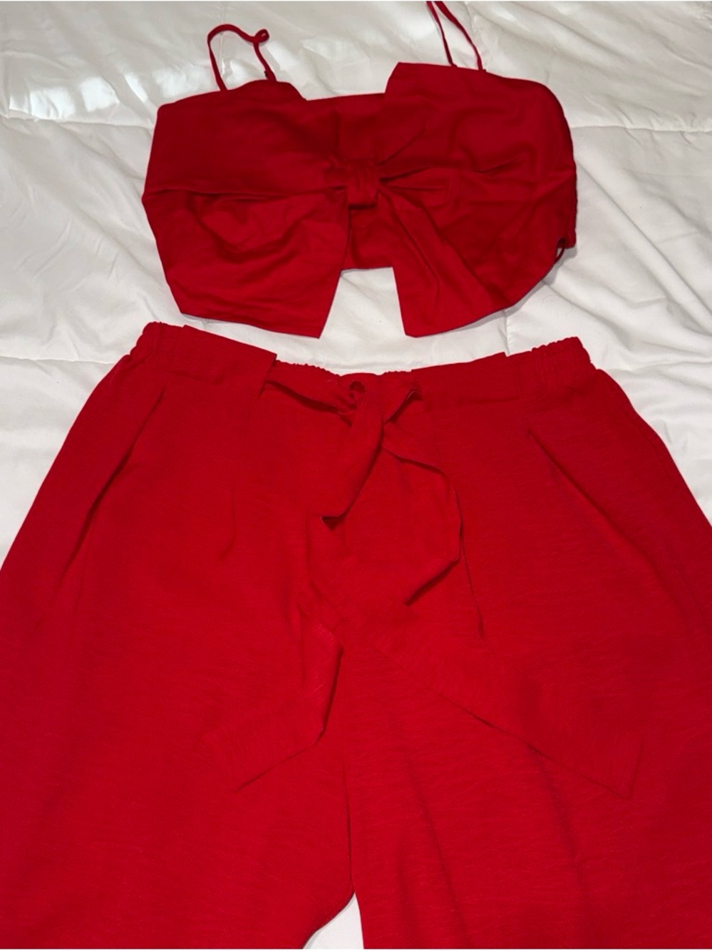 Red Two-Piece Tie Front Crop Top & High-Waist Pants Set
